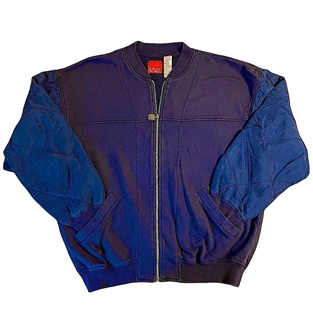Liz & Co Zip up bomber jacket with quilted silk sleeves.